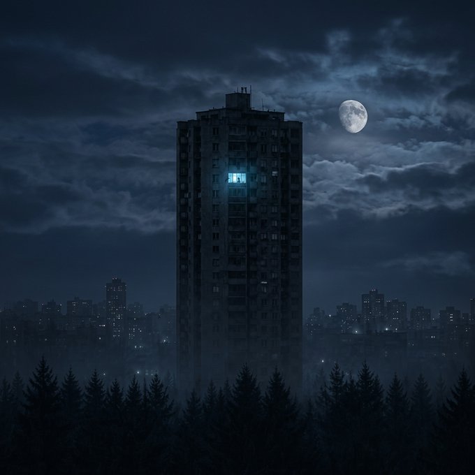 A solitary high-rise building towers over a sleeping cityscape at night, with only a single window glowing under a full moon surrounded by dark, swirling clouds. The image mirrors the post's "GM. This is your sign to lock in" message, symbolizing late-night grind or focus—the lone illuminated window representing the dedication needed to stay locked in while the world rests below.