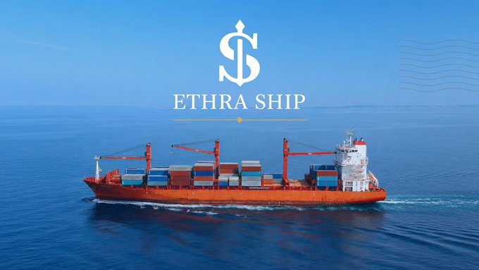 A large orange cargo ship loaded with shipping containers sailing on the ocean, with the white text 'ETHRA SHIP' and a stylized 'S' logo overlaid in the sky above.
