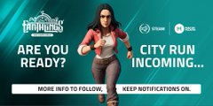 Promotional banner for Champion Strike featuring a woman running in a green shirt, with text reading 'ARE YOU READY? CITY RUN INCOMING...' and 'MORE INFO TO FOLLOW, KEEP NOTIFICATIONS ON.'