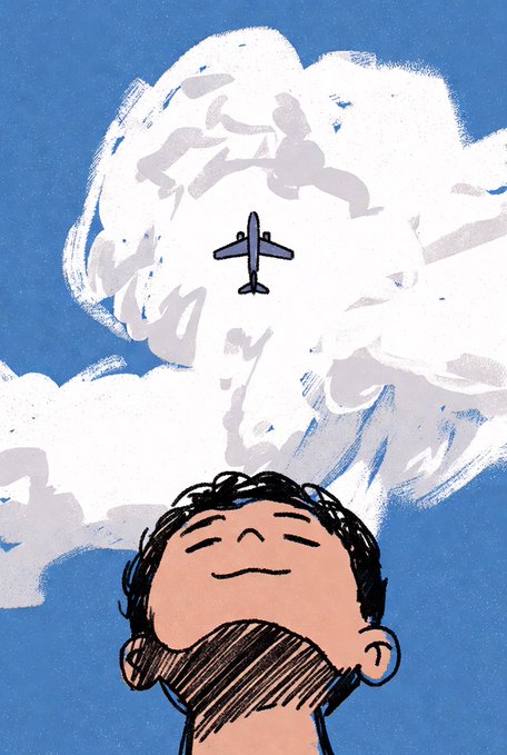 A cartoon illustration of a bearded man with closed eyes smiling as a small airplane flies above him among fluffy white clouds in a blue sky.