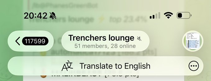 A Telegram group header screenshot showing "Trenchers lounge" with 51 members and 28 online (ID: 117599), including a translate prompt, paired with a giveaway post where the user claims the lounge helped them earn close to six figures last month.