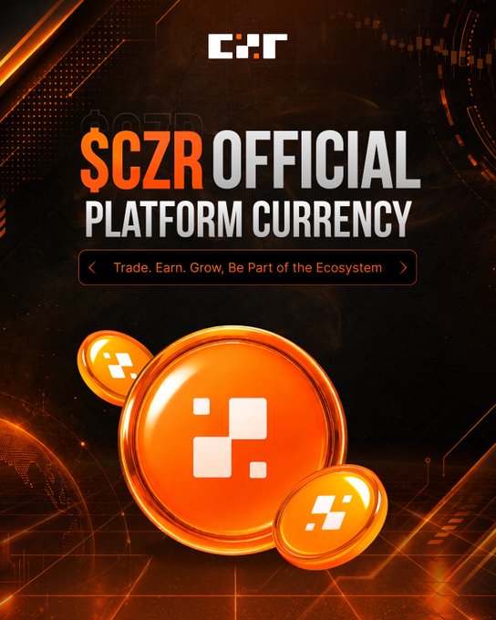 Promotional graphic for '$CZR OFFICIAL PLATFORM CURRENCY' with the tagline 'Trade. Earn. Grow, Be Part of the Ecosystem' featuring orange coin logos against a dark tech-themed background.