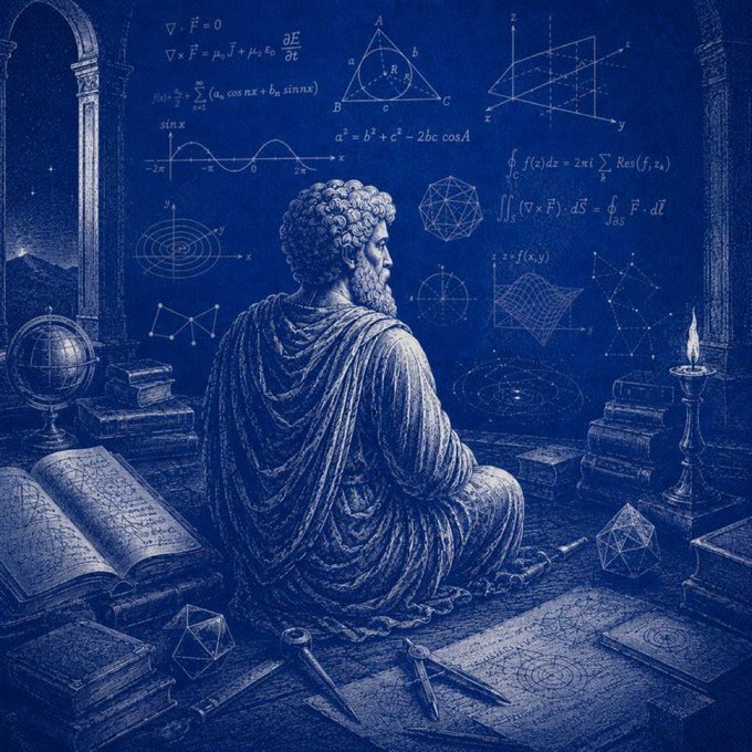 A blue-toned illustration of a classical bearded figure, possibly a philosopher, sitting at a desk surrounded by books, a globe, candles, and floating mathematical equations and geometric diagrams.
