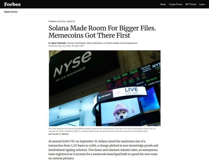 A Forbes Digital Assets article titled 'Solana Made Room For Bigger Files. Memecoins Got There First' by Boaz Sobrado, dated September 24, 2026, featuring an image of Achi the dog on the NYSE screen.