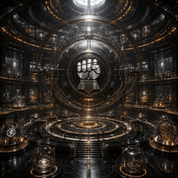 A grand, ornate hall with gold and black metallic finishes features a massive mechanical fist emblem at its center, surrounded by glowing display cases and tiny figures below. The image visually reinforces the post's theme by symbolizing the strength, integrity, and verified behavioral impact of on-chain reputation through the powerful fist icon, aligning with @IronAllies_'s approach to separating real contribution from mere visibility in the NFT space.