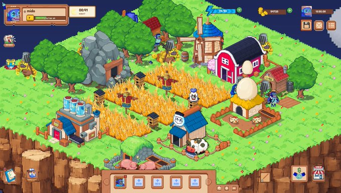 A pixel-art farming simulation game showing a farm with crops, a barn, a house, scarecrows, and animal pens, with a top UI bar displaying stats like '00:41' and '94795'.