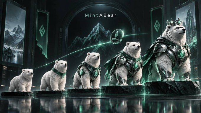 The image depicts five white bears in a progression from small to large, symbolizing growth and evolution, with the text "MintABear" and a coin labeled "MNTD" displayed above them. It visually represents the post's concept of NFTs being neglected after minting, suggesting that MintABear aims to provide ongoing value and development beyond the initial minting excitement.