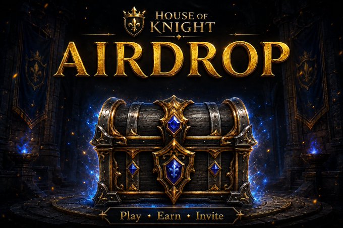A promotional graphic for "House of Knight" displays a glowing, ornate treasure chest topped with the golden text "AIRDROP" and the tagline "Play • Earn • Invite," visually representing the announced $KNIGHT airdrop event for 3,000 players to claim 5,000 $KNIGHT each via the House of Knight game.