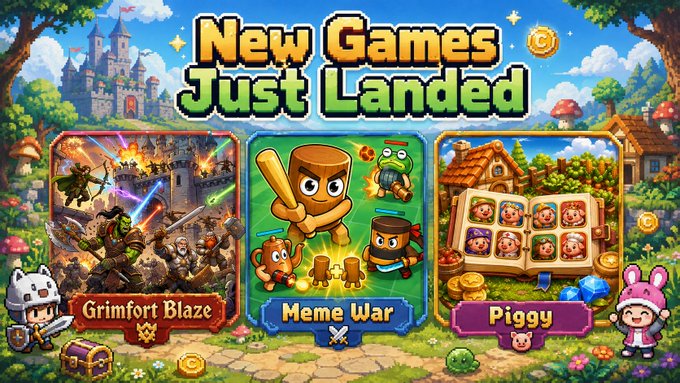 The image is a colorful promotional banner announcing "New Games Just Landed" with three featured titles: "Grimfort Blaze," "Meme War," and "Piggy." The post about Pi Network adding three new games every week directly aligns with the image, which showcases exactly three new game releases, reinforcing the platform's expanding gaming lineup.