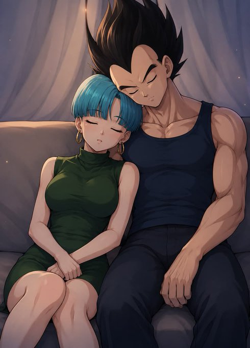 An anime-style digital illustration of a muscular man with spiky black hair (resembling Vegeta from Dragon Ball) and a blue-haired woman in a green dress sitting peacefully together on a couch.