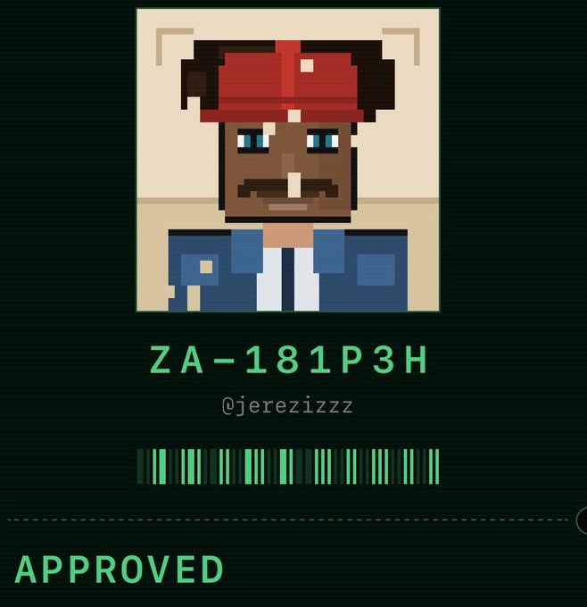 A pixel-art portrait of a man with a mustache wearing a red cap and denim jacket appears above the identifier "ZA-181P3H" with the username "@jerezizzz", a green barcode, and an "APPROVED" label, matching the NFT mint details shared from @zaddrnet, including the unique asset ID and creator handle associated with the September 21 collection drop on Zcash.