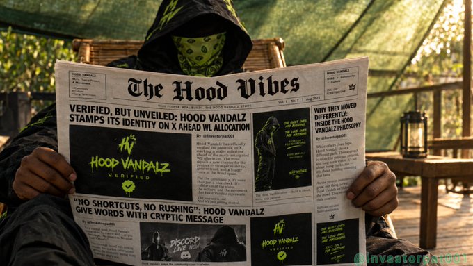 A person in a hooded outfit and green bandana reading 'The Hood Vibes' newspaper, with headlines including 'VERIFIED, BUT UNVEILED: HOOD VANDALZ STAMPS ITS IDENTITY ON X AHEAD WL ALLOCATION' and 'HOOD VANDALZ VERIFIED'.