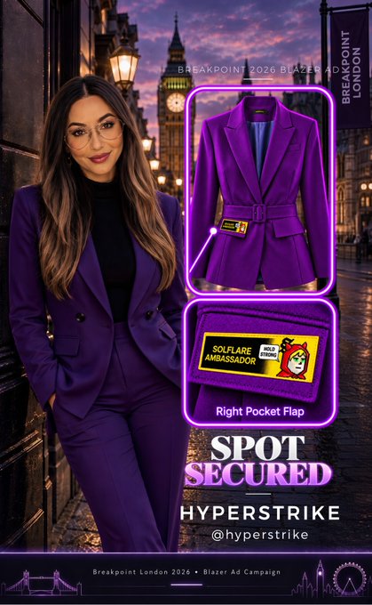 A promotional poster for 'Breakpoint London 2026 - Blazer Ad Campaign' by Hyperstrike (@hyperstrike) features a woman in a purple suit with highlighted details of a 'SOLFLARE AMBASSADOR' patch on the blazer's pocket flap.
