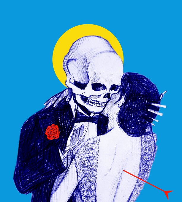A stylized blue and white drawing shows a skeleton in a suit with a red rose boutonnière and a yellow halo, embracing a figure whose back is to the viewer, with a red airplane silhouette in the corner.