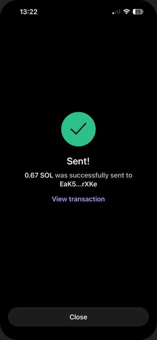 A mobile wallet confirmation screen displays a successful transaction sending 0.67 SOL to address EaK5…rXKe, corroborating the "$50 of $SOL" airdrop claim made in the post.