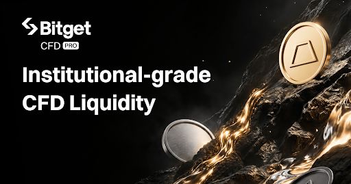 A promotional graphic for Bitget CFD Pro advertising 'Institutional-grade CFD Liquidity,' featuring metallic cryptocurrency coins against a dark, rocky background.