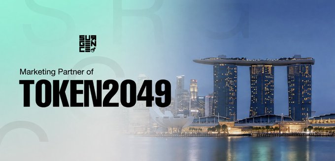 A promotional banner displays "Marketing Partner of TOKEN2049" with a QR code, set against a backdrop of the Singapore skyline featuring the iconic Marina Bay Sands hotel at dusk.