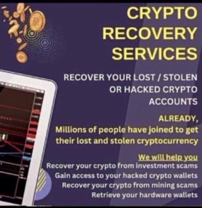 A dark purple advertisement for 'CRYPTO RECOVERY SERVICES' offering to recover lost, stolen, or hacked crypto accounts from investment scams and mining scams, featuring a laptop with trading charts and falling coins.