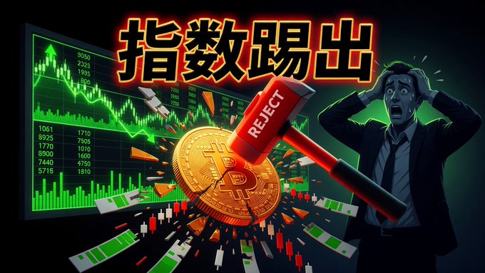 A graphic showing a cryptocurrency chart with falling numbers, a Bitcoin coin being struck by a hammer labeled 'REJECT', Chinese text meaning 'Index kicked out', and a panicked cartoon man.