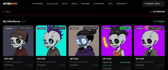 A screenshot of the AfterBorn NFT collection page showing character NFTs labeled NFT #110-114, with status indicators like 'NOT ELIGIBLE' and 'ELIGIBLE'.