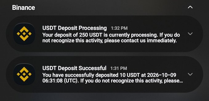 A Binance cryptocurrency exchange notification showing two messages: 'USDT Deposit Processing' at 1:32 PM and 'USDT Deposit Successful' at 1:31 PM for 10 USDT.