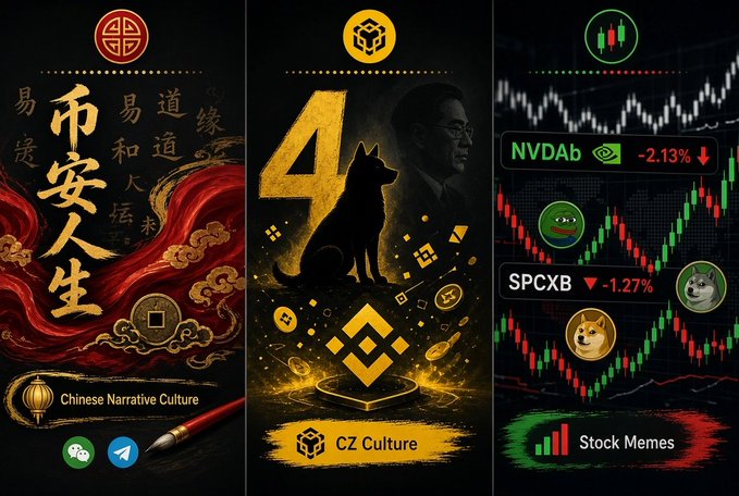 The image is a triptych illustrating three distinct crypto meme cultures: the left panel features "Chinese Narrative Culture" with Chinese calligraphy reading "币安人生" (Binance Life) alongside WeChat and Telegram icons; the center panel highlights "CZ Culture" with a large "4" beside a Shiba Inu silhouette and the Binance logo; the right panel displays "Stock Memes" with bearish candlestick charts and tickers "NVDAb" (-2.13%) and "SPCXB" (-1.27%), each topped by Doge-themed icons—visually reinforcing the post's claim that BNB memes draw from uniquely layered cultural roots beyond typical SOL-style memecoins.