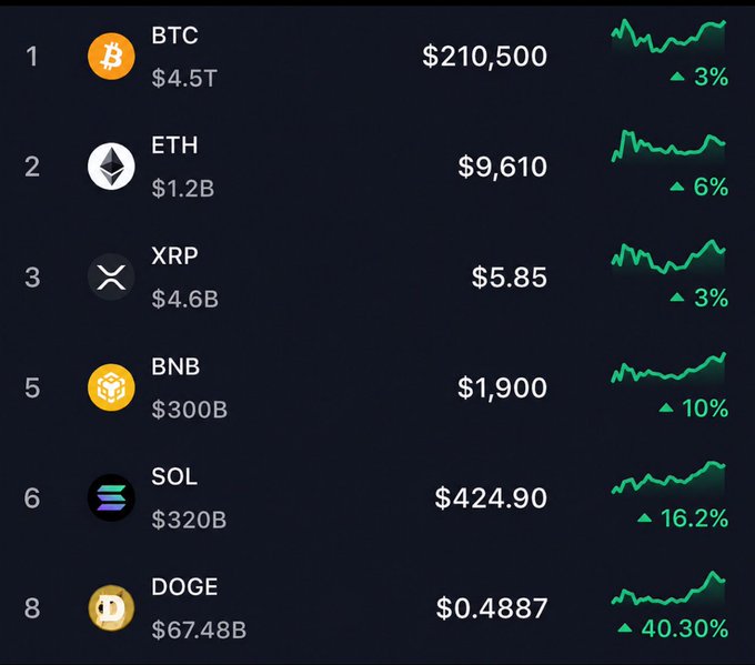 A fictional "leaked" 2028 cryptocurrency market screenshot showing BTC at $210,500, ETH at $9,610, XRP at $5.85, BNB at $1,900, SOL at $424.90, and DOGE at $0.4887—all posting significant green gains ranging from 3% to 40.30%, as referenced in the playful post joking about a time traveler accidentally sharing future prices.