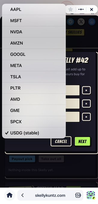 A screenshot of a mobile website (skellykuntz.com) shows a stock ticker dropdown menu with options including AAPL, MSFT, NVDA, AMZN, GOOGL, META, TSLA, PLTR, AMD, GME, SPCX, and a checked USDG (stable) option, above 'CANCEL' and 'NEXT' buttons.