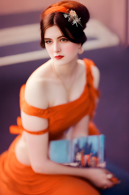 A stylized portrait of a woman with brown hair styled in an updo with a decorative headpiece, wearing a flowing orange dress and holding a blue book.
