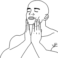 A black and white line drawing illustration of a bald person with their hands on their face.