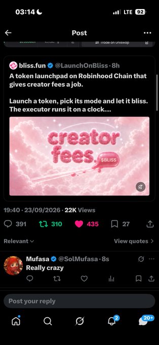 A screenshot of a social media post from @bliss.fun (@LaunchOnBliss) describing a token launchpad on Robinhood Chain with text 'creator fees' shown on a pink heart-decorated graphic.