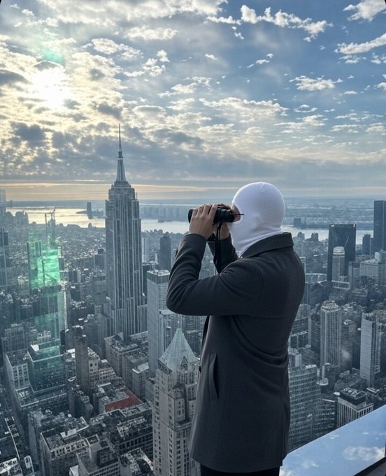 A person wearing a white balaclava and a dark gray coat stands on a high-rise observation deck looking through binoculars, with the Empire State Building and the New York City skyline visible below.