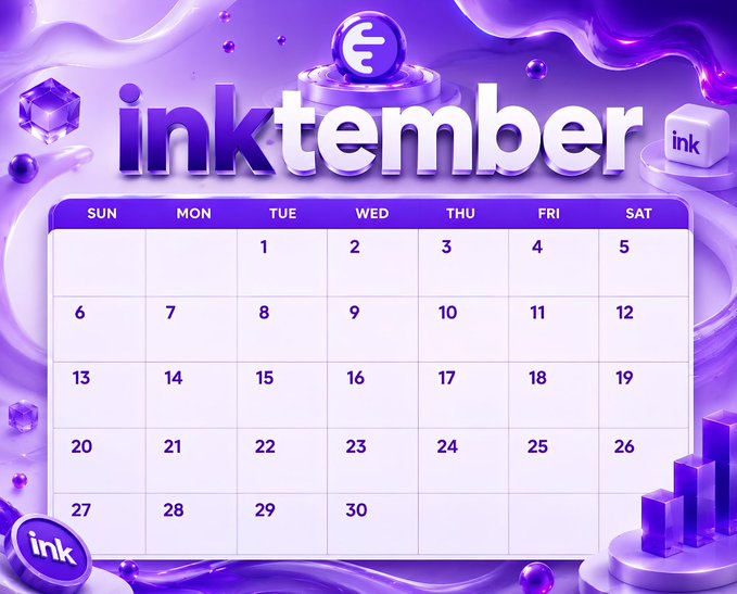A purple-themed calendar graphic labeled 'inktember' with an 'ink' token logo, displaying the days of the month with blank dates.