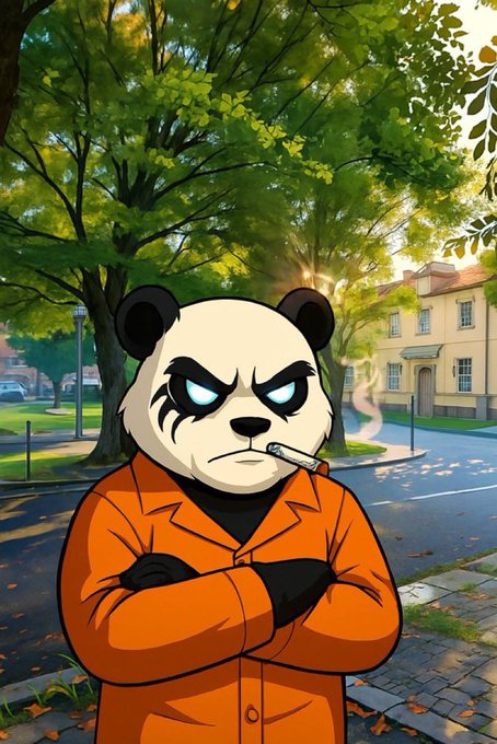 A grumpy panda in an orange jacket smokes a cigarette with arms crossed on a sunny street, channeling the "Gm gang" morning vibe with edgy, unenthused energy.