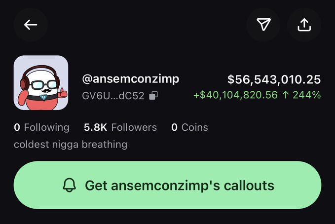 The screenshot shows the X profile for "@ansemconzimp" with a total value of $56,543,010.25 and 5.8K followers, with the text "Get ansemconzimp's callouts" at the bottom. The image relates to the post by showing Ansem's profile and the display name that would contain the emojis.