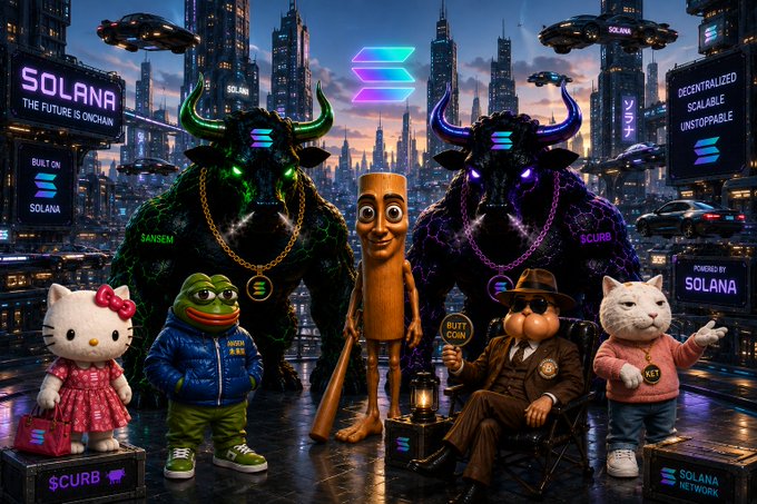 A vibrant Solana-themed scene features various meme characters including Hello Kitty, Pepe, and a wooden figure flanked by two glowing bull statues, with banners reading "SOLANA THE FUTURE IS ONCHAIN," "DECENTRALIZED SCALABLE UNSTOPPABLE," and "FORGED BY SOLANA," celebrating the cryptocurrency community's diverse array of tokens including $SOL, $ANSEM, $CURB, and others.
