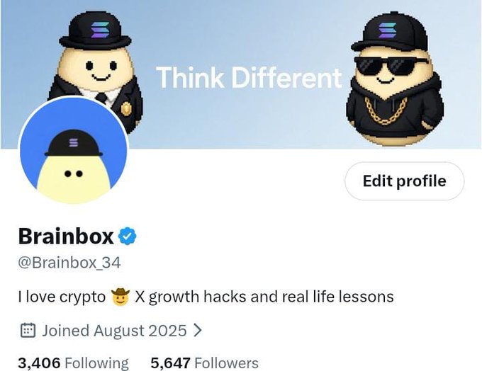 A social media profile for "Brainbox" (@Brainbox_34) features a banner reading "Think Different" with cartoon avatar characters and a bio stating "I love crypto 🤠 X growth hacks and real life lessons," with 5,647 followers.