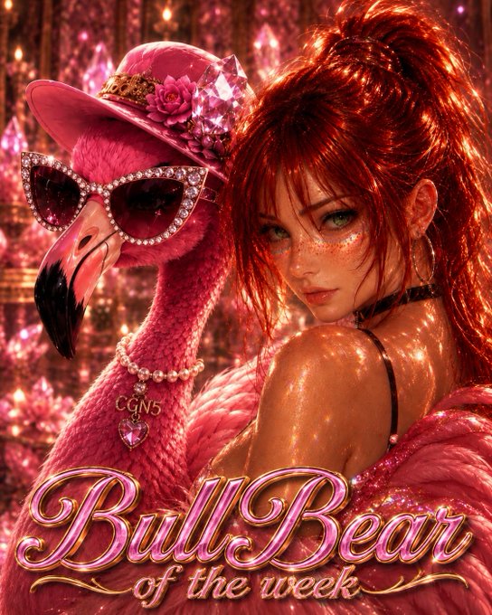 Digital artwork showing a red-haired anime-style woman with a glamorous pink flamingo wearing sunglasses and a pink hat, with text reading 'Bull-Bear of the week'.