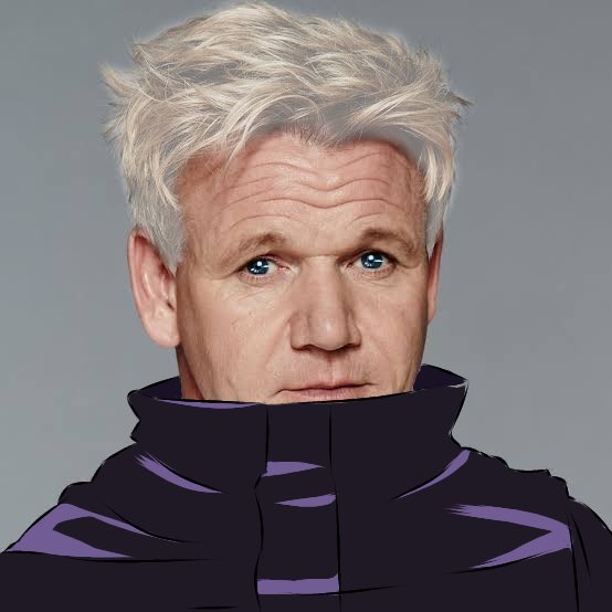 A digital portrait of a man with white hair in a purple and black striped high-collar garment.