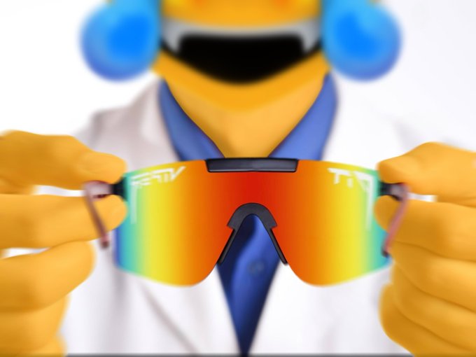 A blurry, cartoonish figure holds up a pair of "Pit Viper" sunglasses with rainbow lenses, perfectly matching the post's directive to "put on the vipers" for "Mogust Eve."