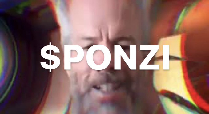 Distorted image of an angry man with the text '$PONZI' overlaid in large white letters.
