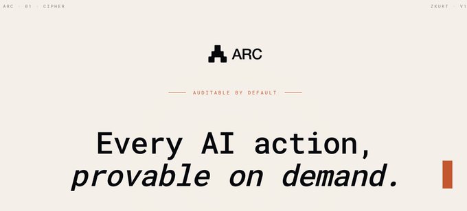 Minimalist off-white graphic for 'ARC' featuring a cross-shaped logo and the tagline 'AUDITABLE BY DEFAULT' above the text 'Every AI action, provably on demand.'