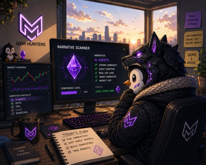 The image features an artist sitting at their desk with a computer monitor displaying a screen of a city skyline outside. The artist appears to be wearing a black jacket, which matches the color scheme of the artwork. There are several books scattered around the workspace, suggesting that the artist is well-read and possibly researching or studying various subjects related to gemology and cryptocurrency.