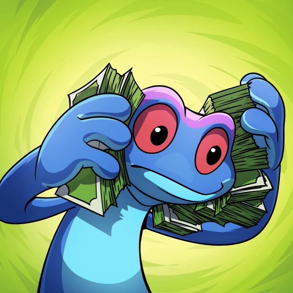 A blue cartoon frog-like character with large pink eyes happily holds stacks of green cash against a green swirling background.