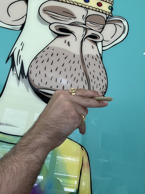 A hand holding a lit joint is held up in front of a large cartoon mural of a regal monkey wearing a crown, fitting the "G APE" caption that plays on cannabis culture and the ape imagery.