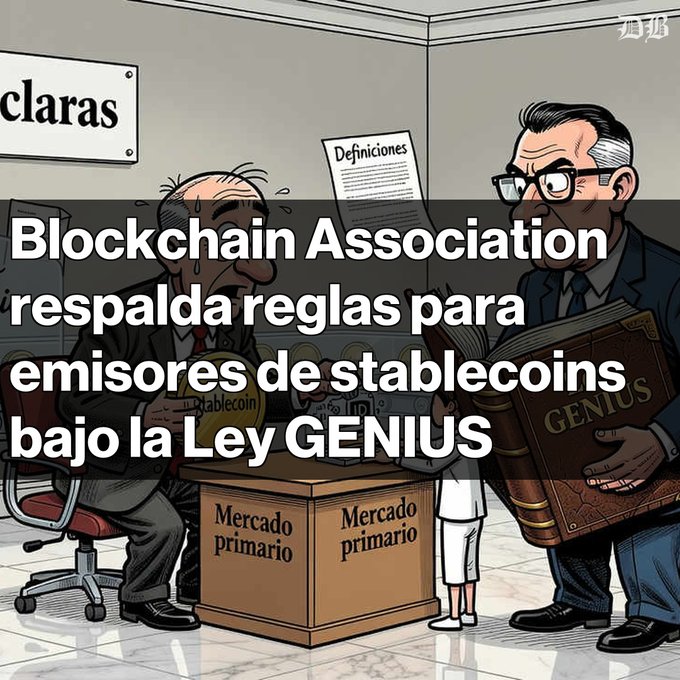 A political cartoon with Spanish text 'Blockchain Association respalda reglas para emisores de stablecoins bajo la Ley GENIUS', showing two men at desks labeled 'Mercado primario' with one holding a book marked 'GENIUS'.