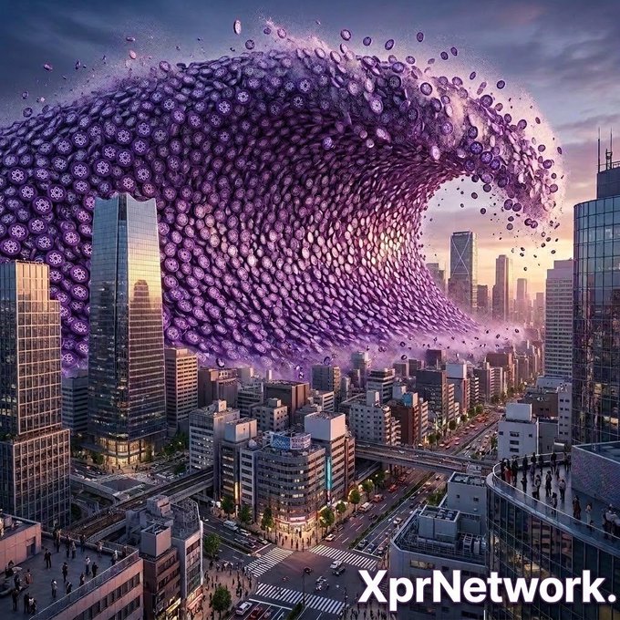 A futuristic cityscape with a massive purple, bubble-like structure or wave hovering over the skyscrapers, branded with 'XprNetwork' in the bottom right.