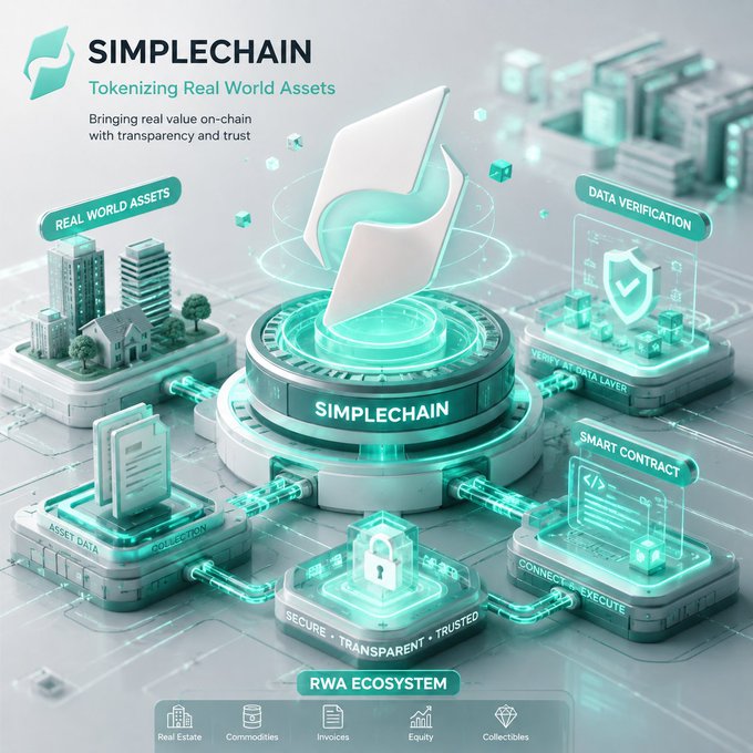A promotional graphic for 'SIMPLECHAIN' featuring the tagline 'Tokenizing Real World Assets' with 3D illustrations depicting Real World Assets, Data Verification, Smart Contract, and an RWA Ecosystem including Real Estate, Commodities, Invoices, Equity, and Collectibles.