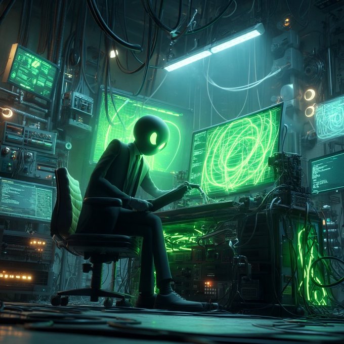 The image features a man sitting at a desk with a computer monitor displaying green lines, possibly representing data or information. He appears to be wearing a suit and tie, which adds an air of professionalism to his appearance. The background shows various computer monitors and wires, indicating that he is in a workspace related to technology or computer science. The post reads "Today. 717 Platform. $WIRE." This suggests that the image might have been taken on a specific day with a particular focus on a certain topic or event within the context of the man's work environment.
