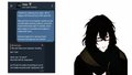A dark minimalist image showing a small figure with long dark hair sitting next to what appears to be a phone or screen displaying text.